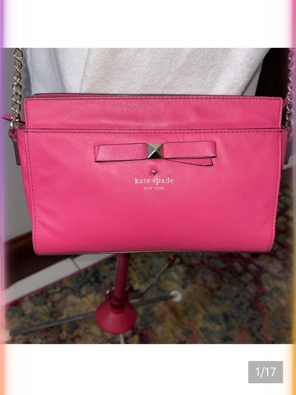 Kate Spade bowfront Crossbody bag leather bright pink strap/Chain detail Exe